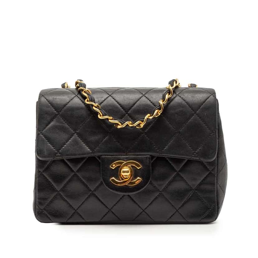 Chanel Mini Square Classic Lambskin Single Flap Black Leather Good condition - Front View
