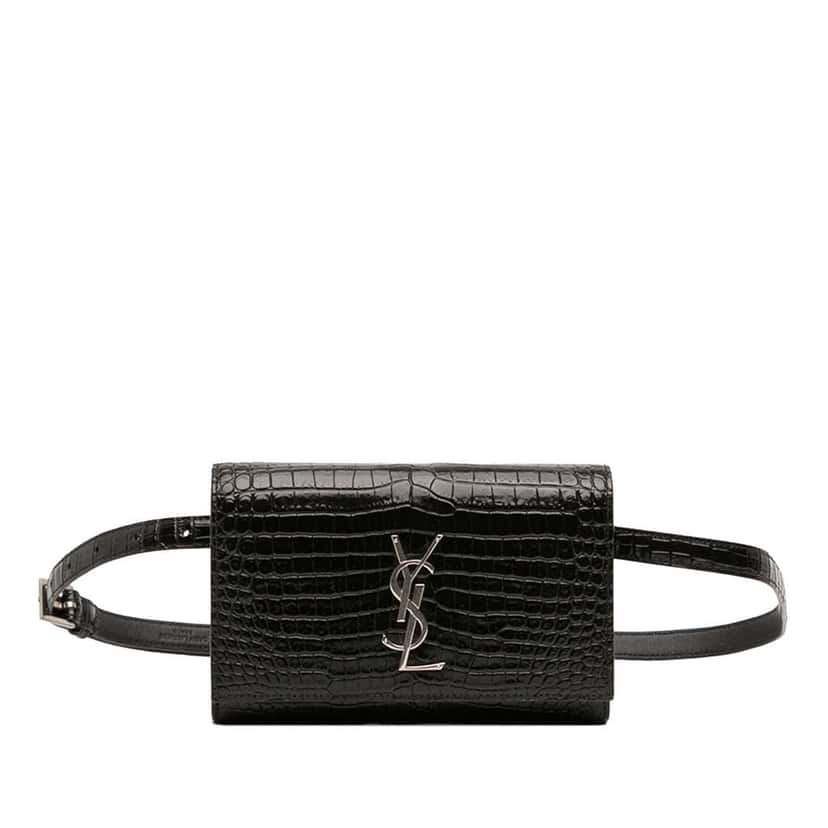 Saint Laurent Croc Embossed Leather Monogram Kate Belt Bag Black Leather Good condition - Front View