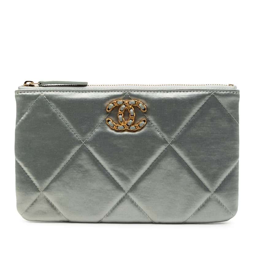 Chanel Small Satin 19 O Case VIP Zip Pouch Silver Satin Good condition - Front View