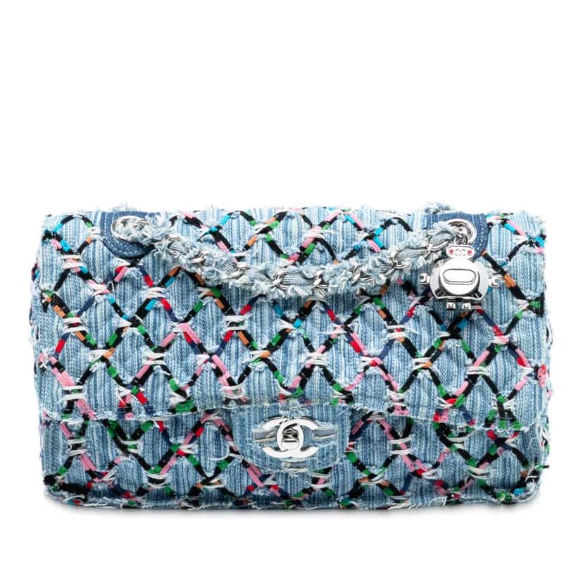 Chanel Medium Denim Rainbow Woven Stitch Quilted Robot Charm Single Flap Blue Denim Good condition - Front View