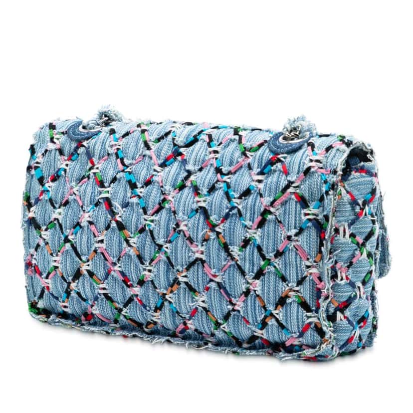 Chanel Medium Denim Rainbow Woven Stitch Quilted Robot Charm Single Flap Blue Denim Good condition - Back View