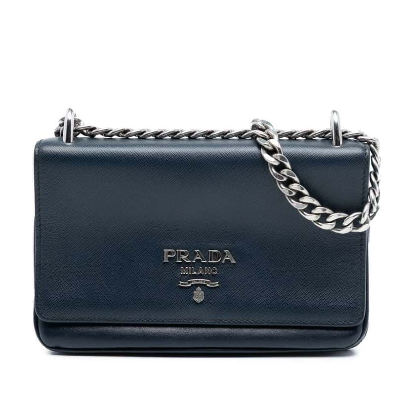 Prada Saffiano and City Calf Chain Crossbody Blue Leather Very good condition - Front View