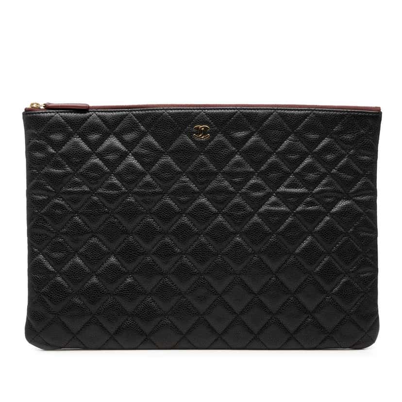 Chanel Large Quilted Caviar O Case Clutch Black Leather Very good condition - Front View