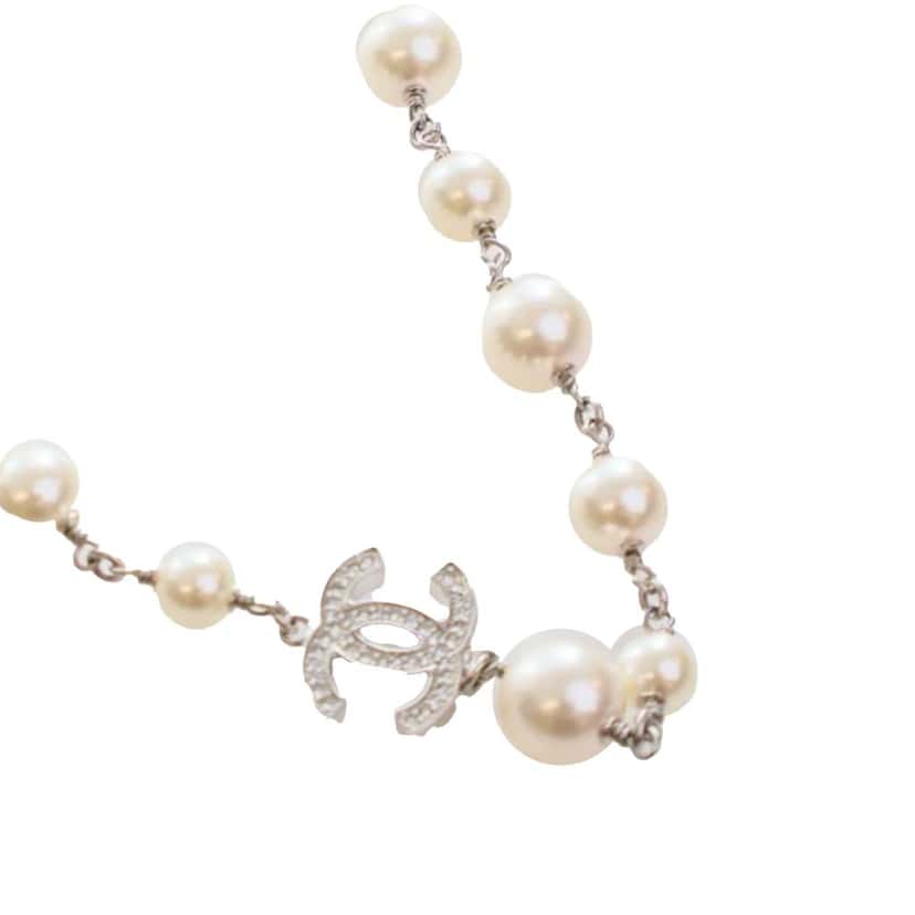 Chanel CC Silver Plated Crystal Faux Pearl Long Necklace Silver Metal Good condition - Back View