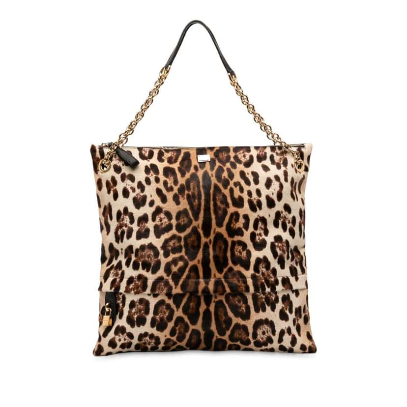 Dolce & Gabbana Pony Hair Leopard Print Chain Tote Brown Good condition - Front View