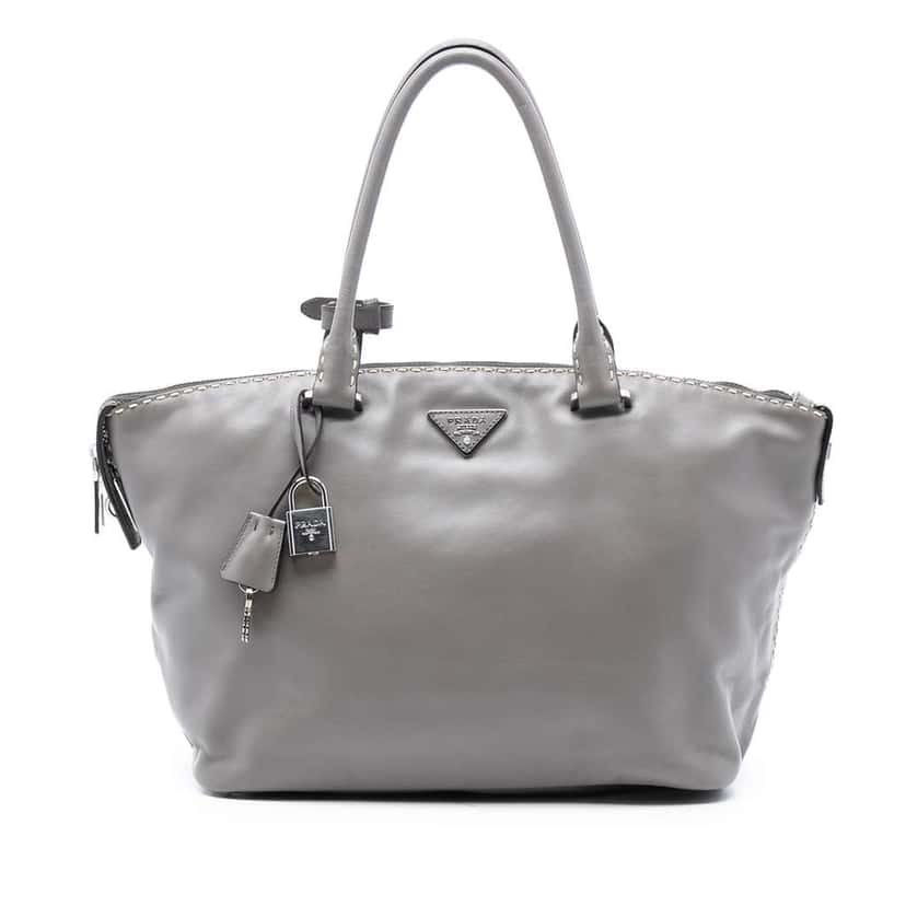 Prada Smooth Calfskin Hand Stitched Double Handle Satchel Grey Leather Good condition - Front View