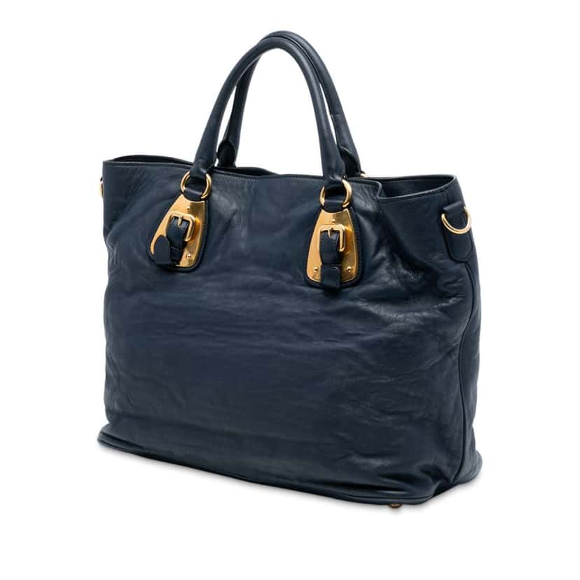 Prada Soft Calfskin Open Convertible Shopping Tote Blue Leather Very good condition - Back View