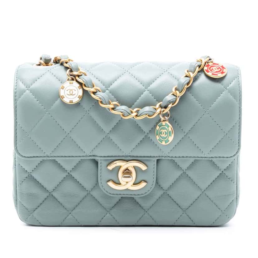 Chanel Mini Square Classic Lambskin Casino Royale Charms Single Flap Blue Leather Good condition - Front View