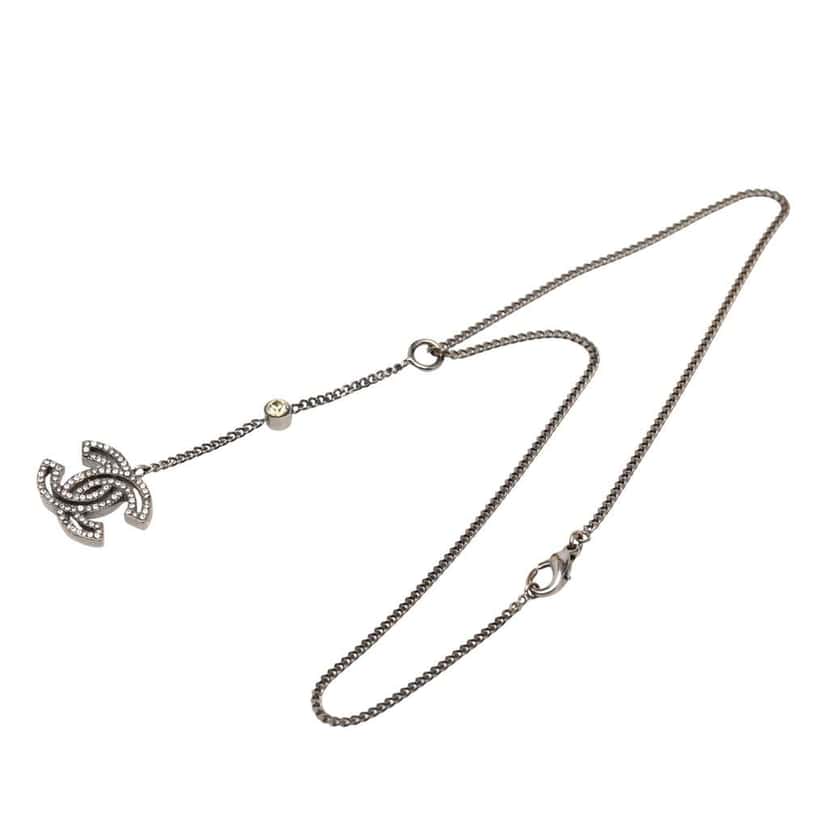 Chanel Silver Plated Rhinestone CC Drop Pendant Necklace Silver Metal Good condition - Front View
