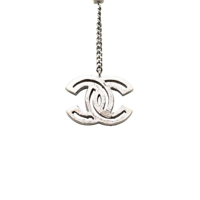 Chanel Silver Plated Rhinestone CC Drop Pendant Necklace Silver Metal Good condition - Back View