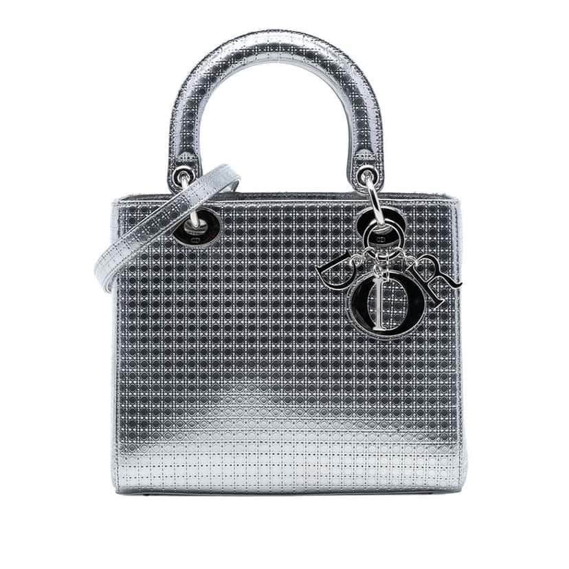 Dior Medium Metallic Patent Microcannage Lady Dior Silver Leather Good condition - Front View