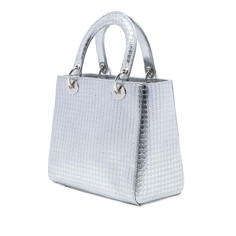 Dior Medium Metallic Patent Microcannage Lady Dior Silver Leather Good condition - Back View