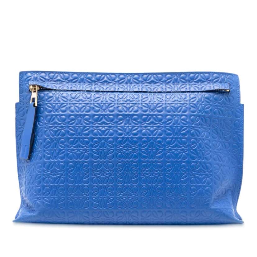 Loewe Embossed Anagram Repeat T Clutch Blue Leather Good condition - Front View