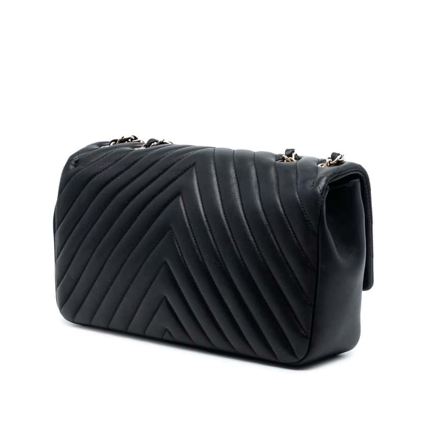 Chanel CC Chevron Quilted Lambskin Single Flap Black Leather Good condition - Back View