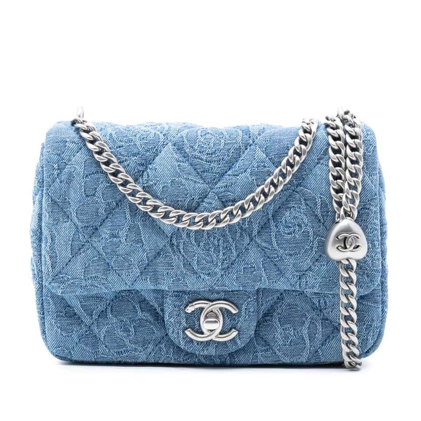 Chanel Mini Quilted Denim Camellia Sweetheart Flap Blue Denim Good condition - Front View