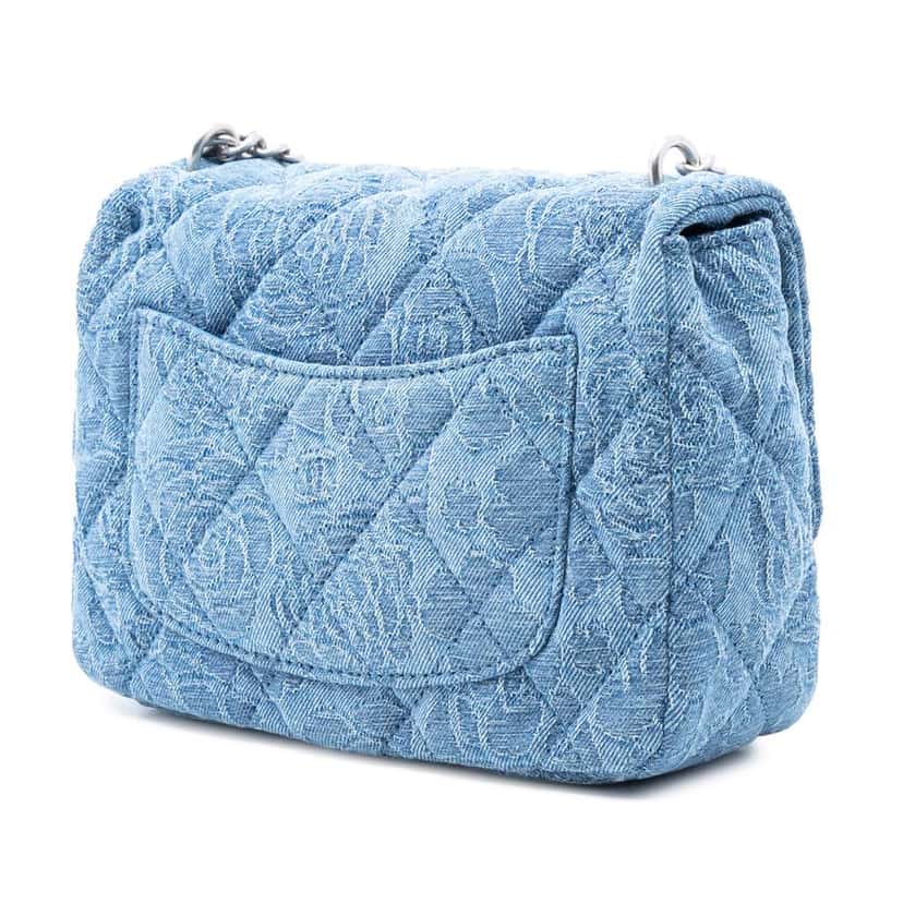 Chanel Mini Quilted Denim Camellia Sweetheart Flap Blue Denim Good condition - Back View