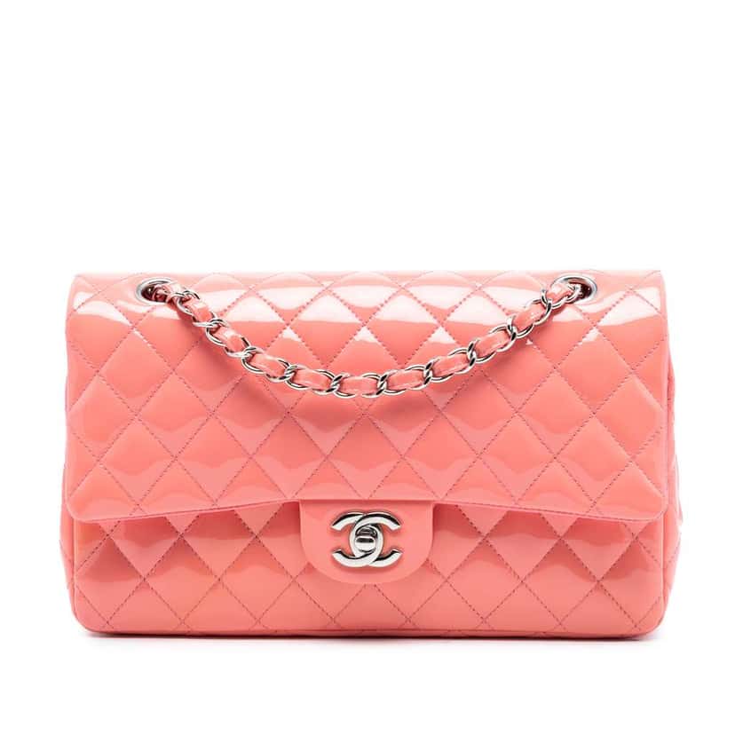 Chanel Medium Classic Patent Double Flap Pink Leather Good condition - Front View