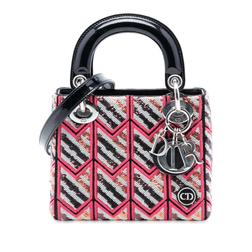 Dior Mini Patent Sequined Lady Dior Pink Leather Very good condition - Front View