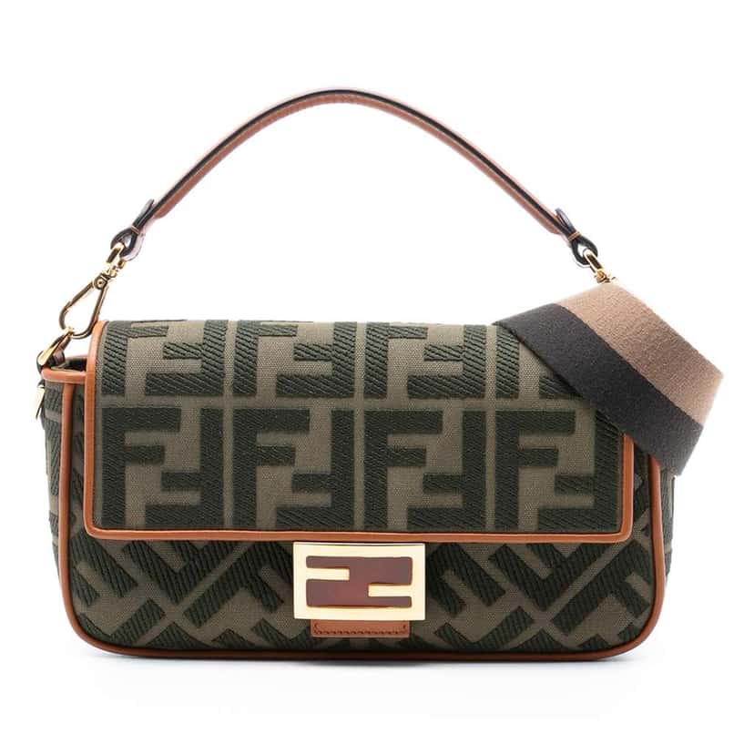 Fendi Zucca Embroidered Canvas Baguette Satchel Green Canvas Good condition - Front View