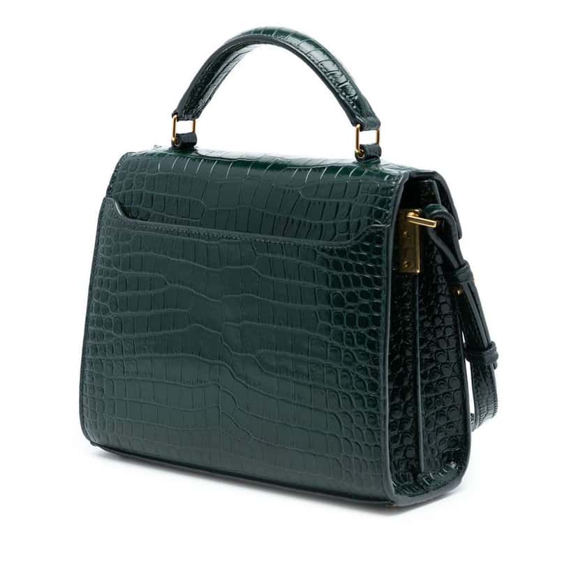 Saint Laurent Mini Croc Embossed Calfskin Monogram Cassandra Top Handle Bag Green Leather Good condition - Back View