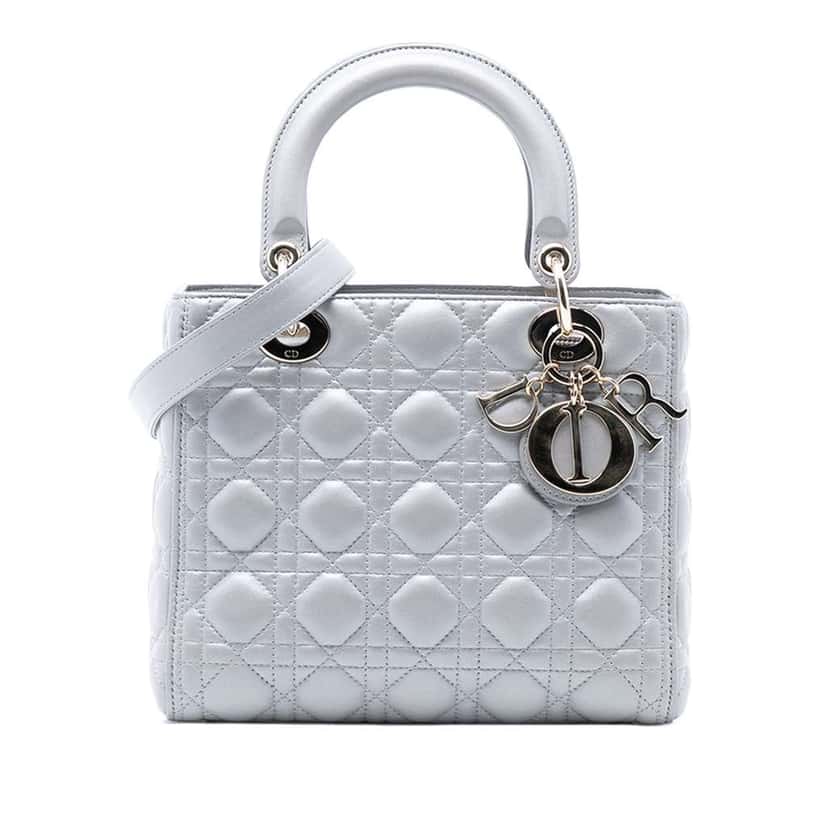 Dior Medium Pearlescent Lambskin Cannage Lady Dior Grey Leather Good condition - Front View