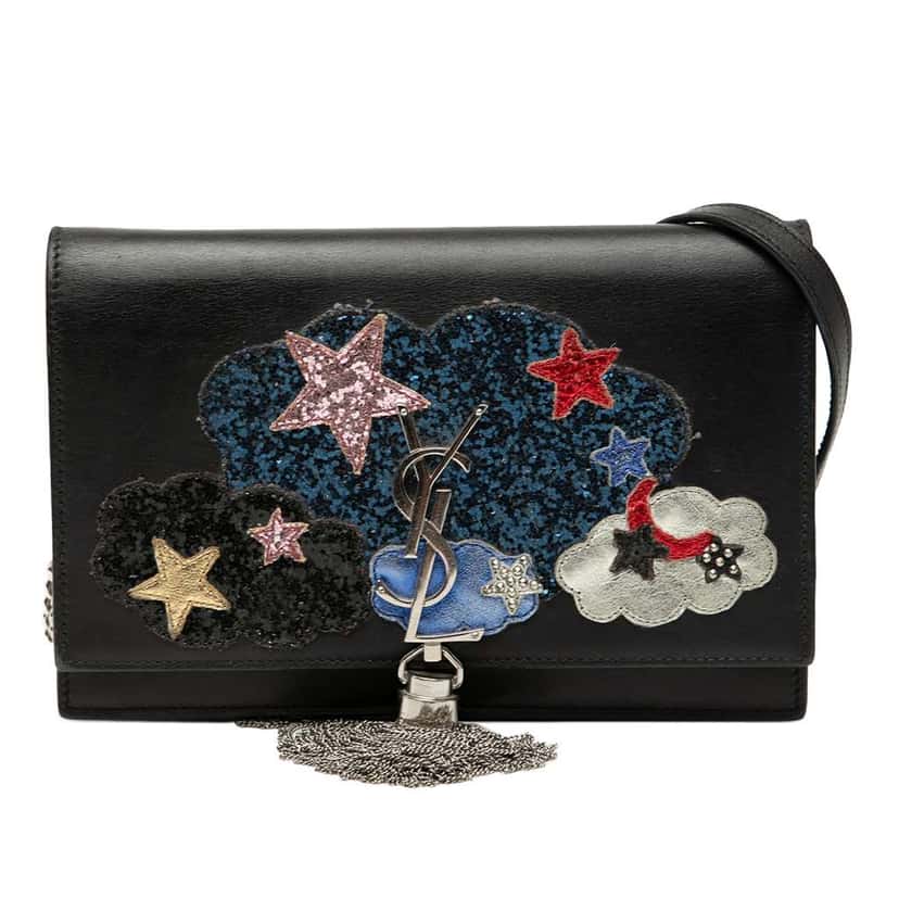 Saint Laurent Calfskin Cloud Star Applique Classic Monogram Kate Tassel Wallet on Chain Black Leather Very good condition - Front View