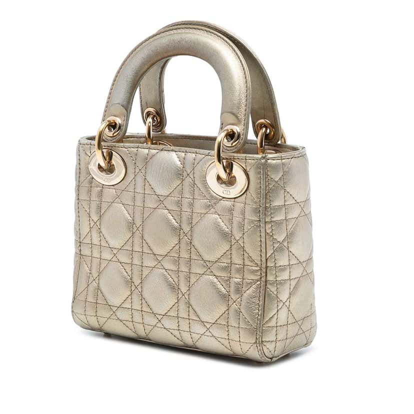 Dior Mini Metallic Lambskin Cannage Lady Dior Gold Leather Good condition - Back View
