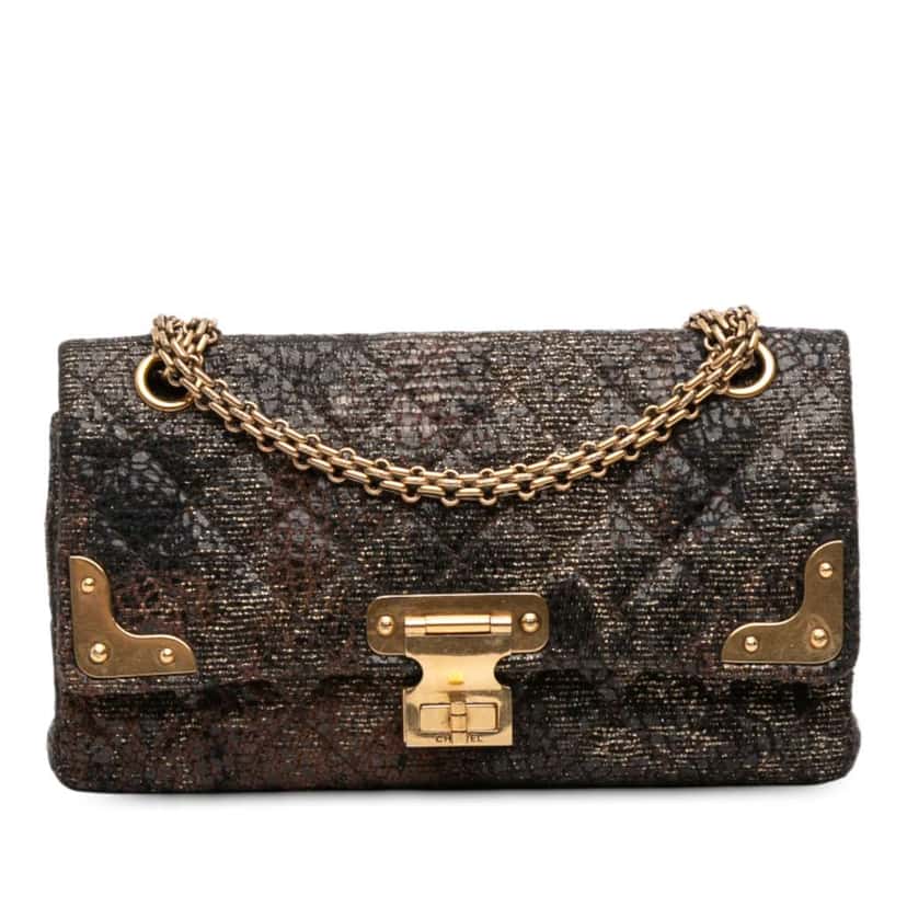 Chanel Paris Shanghai 2.55 Icons Lacquered Tweed Double Flap 225 Black Tweed Good condition - Front View