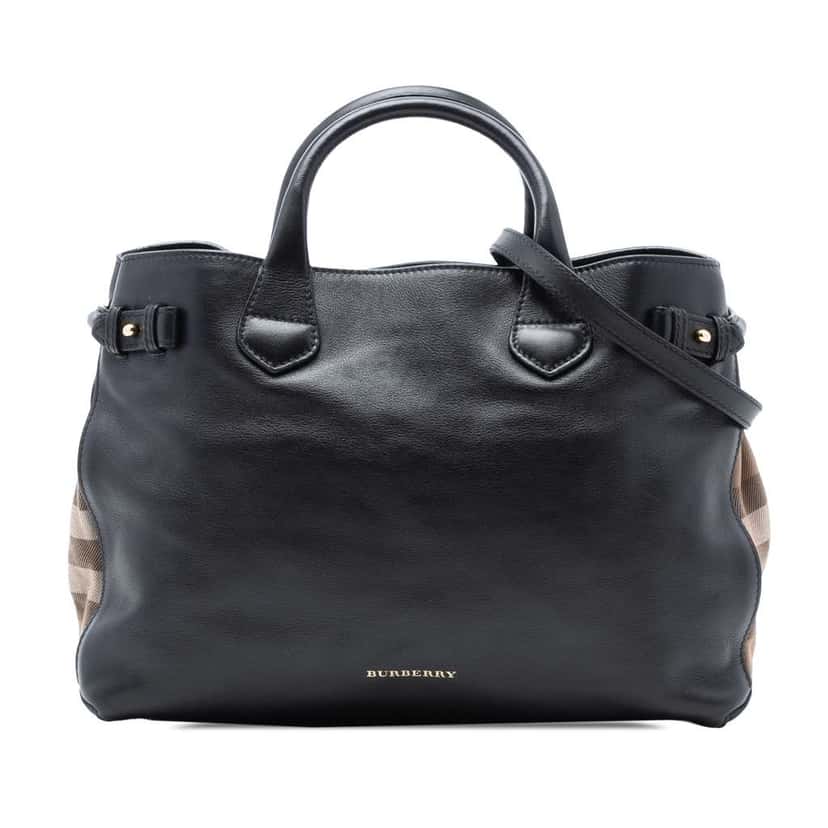 Burberry Medium Leather and House Check Banner Satchel Black Leather Good condition - Front View