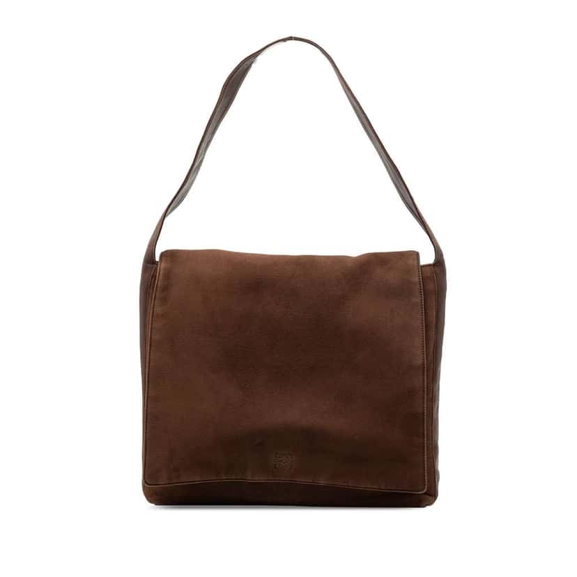 Loewe Suede Anagram Flap Shoulder Bag Brown Leather Very good condition - Front View