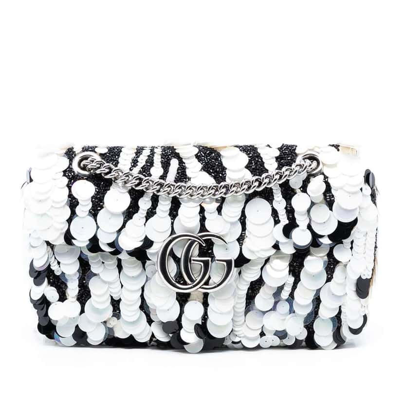 Gucci Medium GG Marmont Sequin Embellished Leather Shoulder Bag White Leather Very good condition - Front View