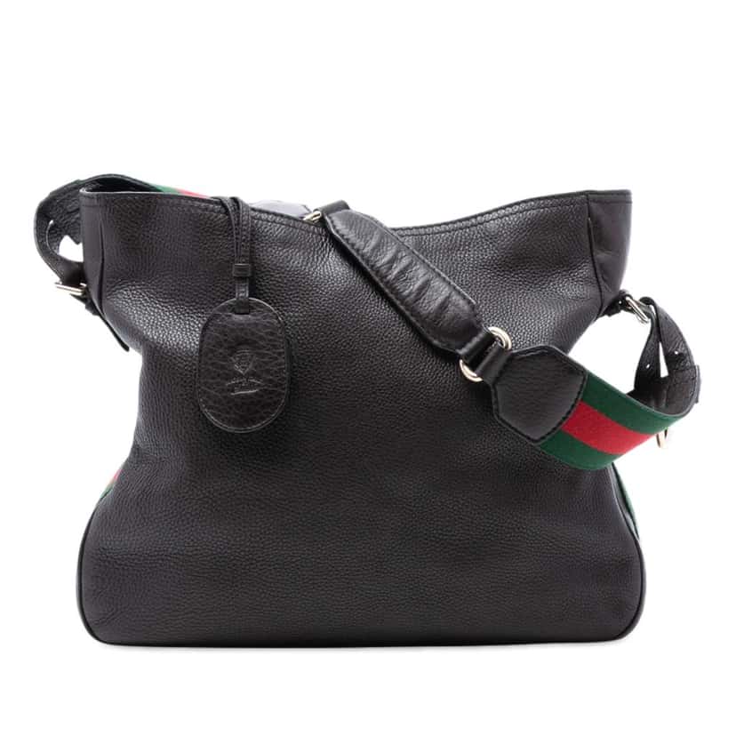 Gucci Medium Pebbled Calfskin Web Heritage Shoulder Bag Brown Leather Good condition - Front View