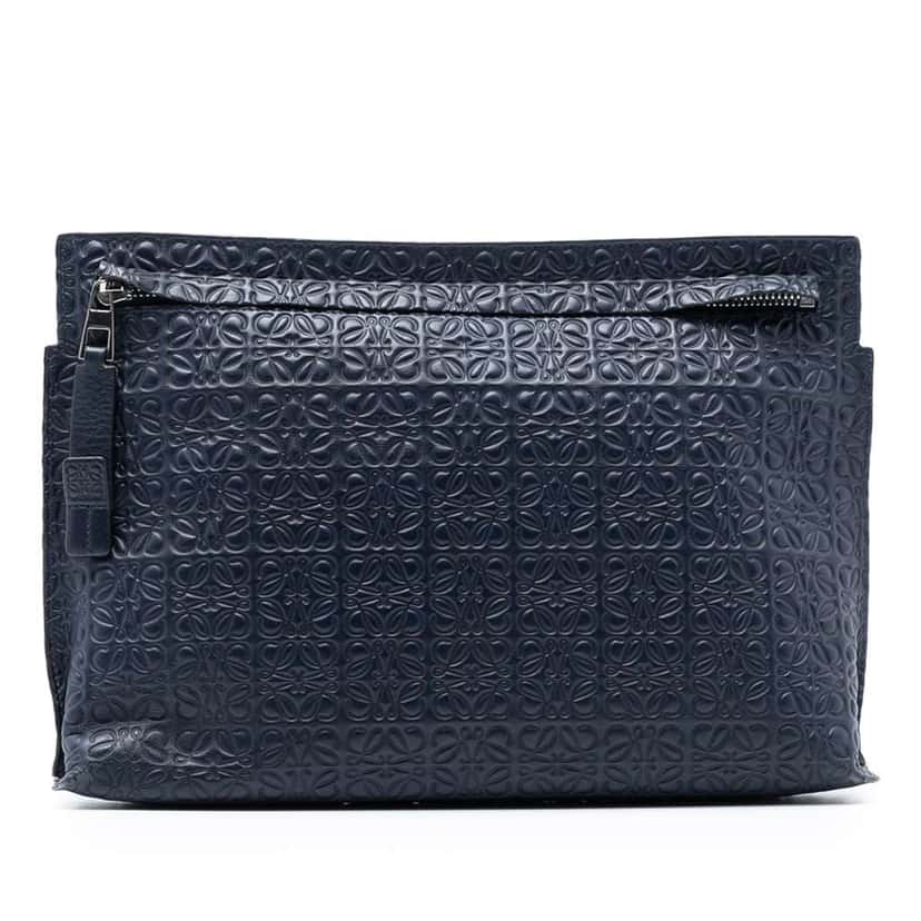 Loewe Embossed Anagram Leather Repeat T Clutch Blue Leather Good condition - Front View