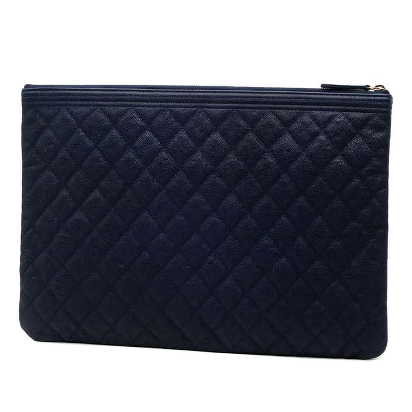 Chanel Large Quilted Caviar Boy O Case Clutch Blue Leather Good condition - Back View