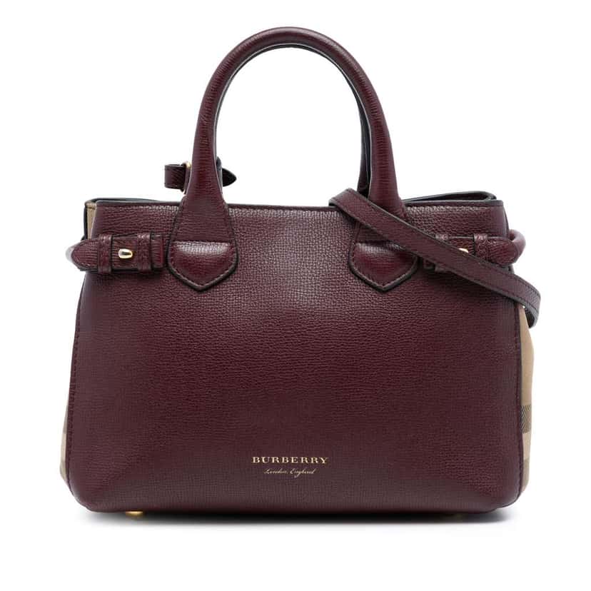 Burberry Small Grainy Calfskin and House Check Banner Satchel Red Leather Good condition - Front View