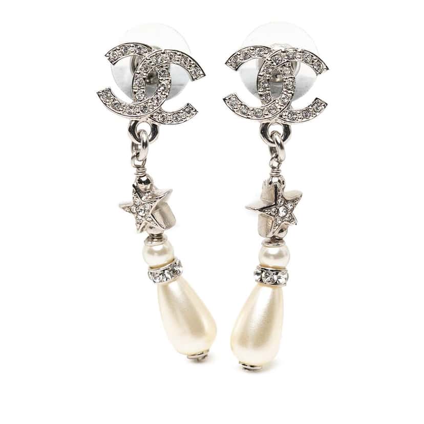 Chanel Silver Plated CC Rhinestones Faux Pearl Star Drop Push Back Earrings Silver Metal Good condition - Front View