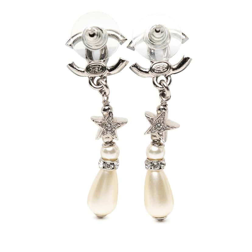 Chanel Silver Plated CC Rhinestones Faux Pearl Star Drop Push Back Earrings Silver Metal Good condition - Back View