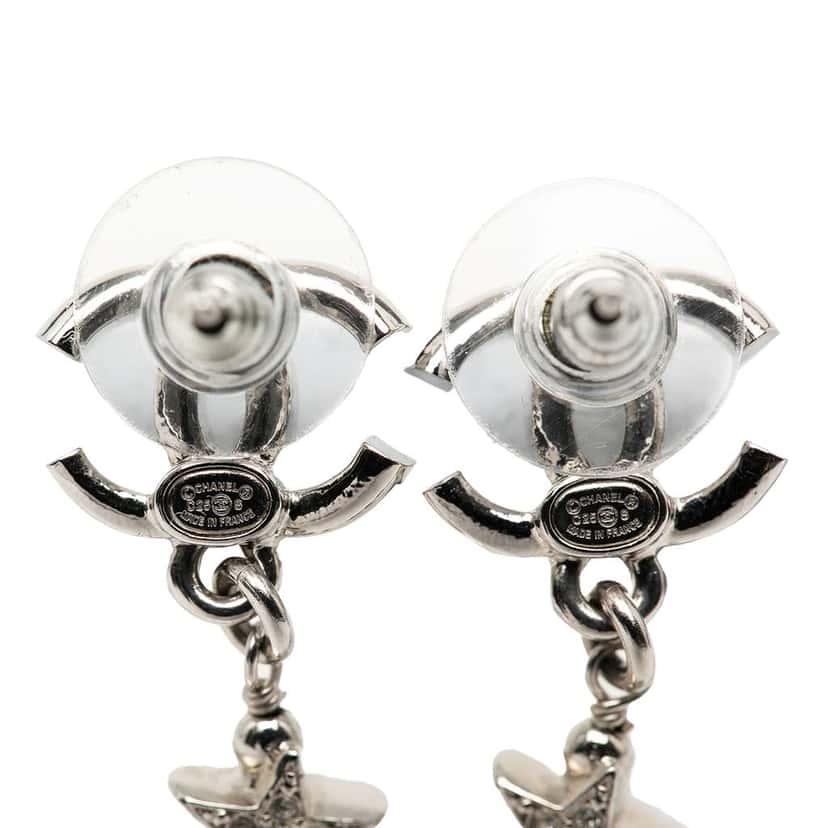 Chanel Silver Plated CC Rhinestones Faux Pearl Star Drop Push Back Earrings Silver Metal Good condition - Inside View