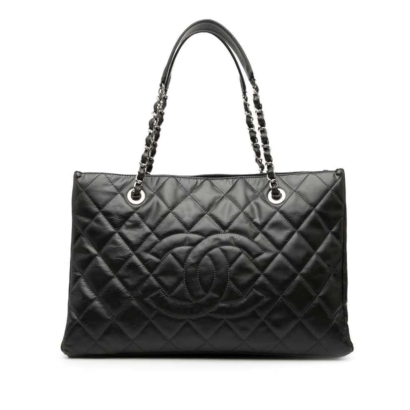 Chanel CC Crinkled Calfskin Chain Shopping Tote Black Leather Very good condition - Front View