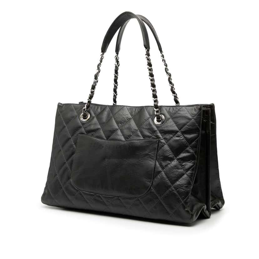 Chanel CC Crinkled Calfskin Chain Shopping Tote Black Leather Very good condition - Back View