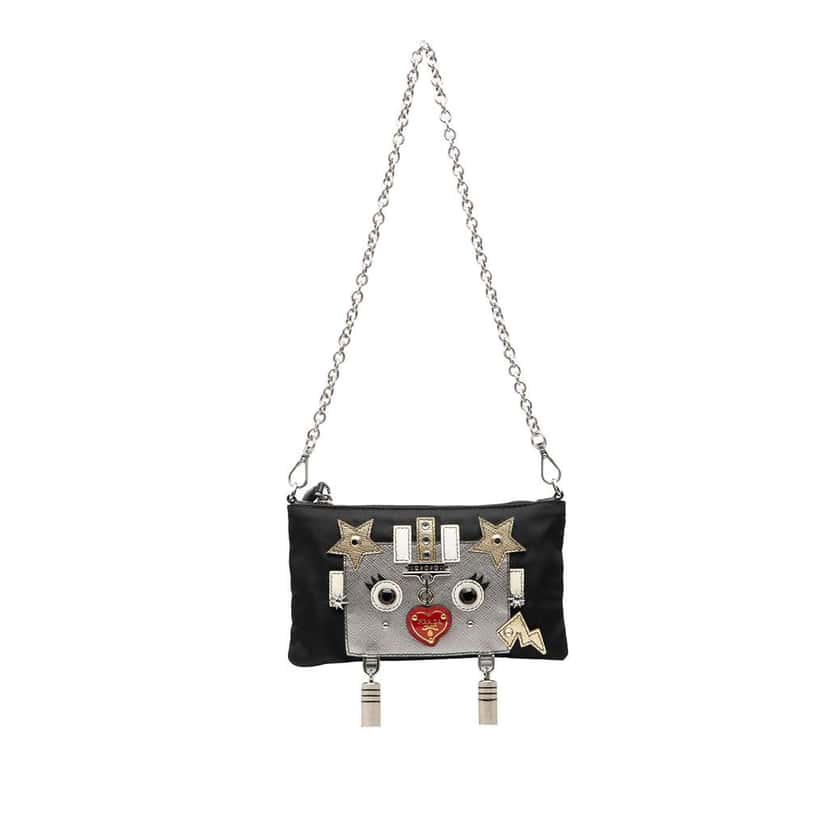Prada Tessuto Saffiano Robot Chain Shoulder Bag Black Good condition - Front View