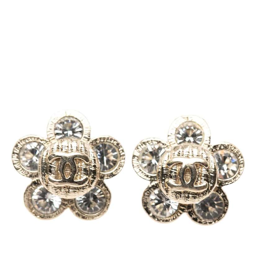 Chanel Gold Plated CC Crystal Floral Push Back Earrings Gold Metal Very good condition - Front View