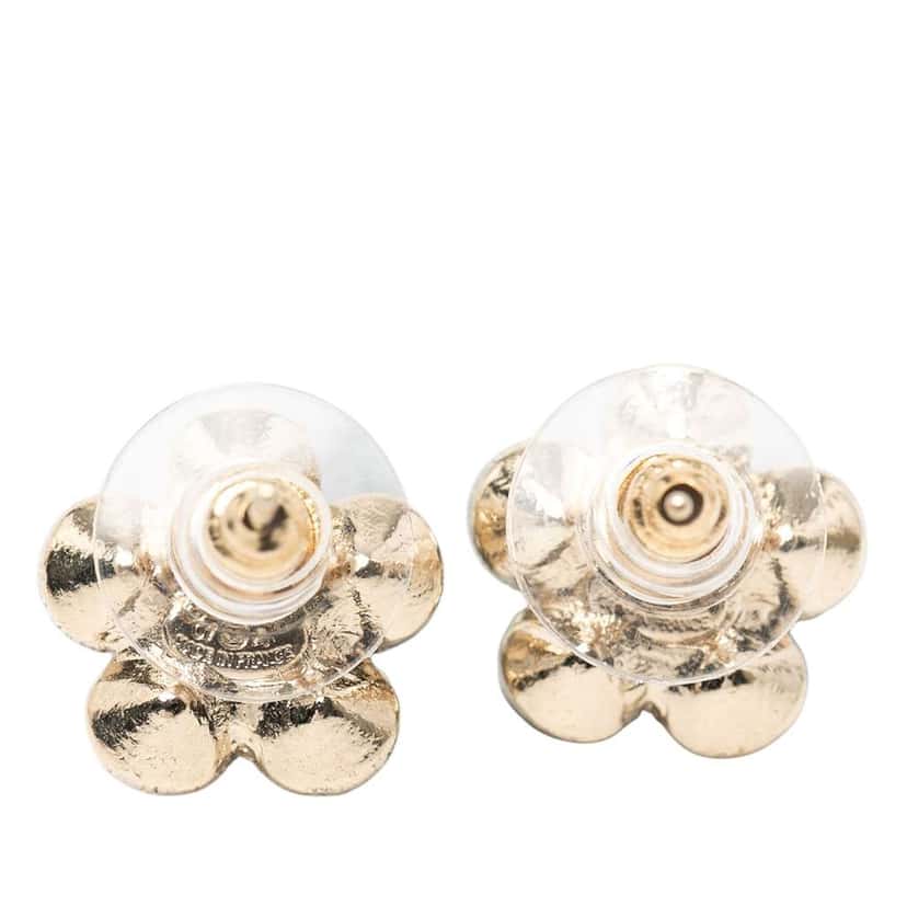 Chanel Gold Plated CC Crystal Floral Push Back Earrings Gold Metal Very good condition - Back View