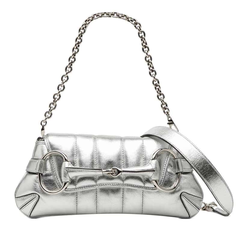 Gucci Small Metallic Quilted Leather Horsebit Chain Satchel Silver Leather Good condition - Front View