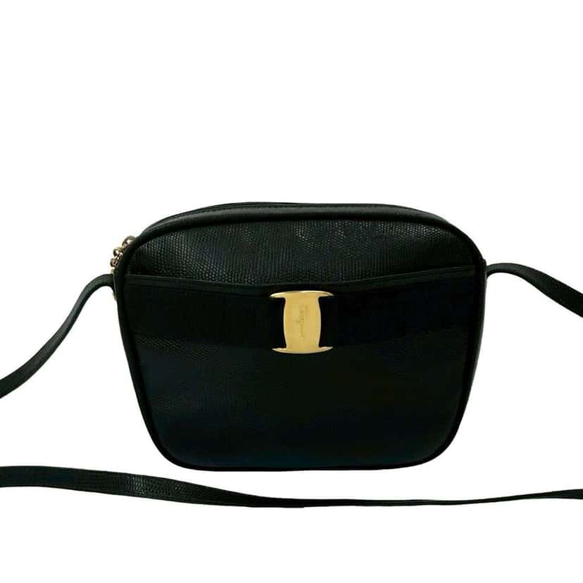 Salvatore Ferragamo Embossed Lizard Leather Vara Crossbody Black Leather Good condition - Front View