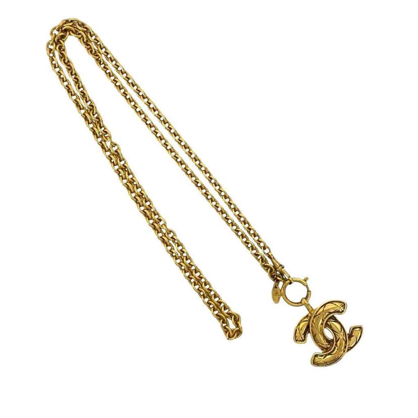 Chanel CC Gold Plated Quilted Pendant Necklace Gold Metal Good condition - Front View