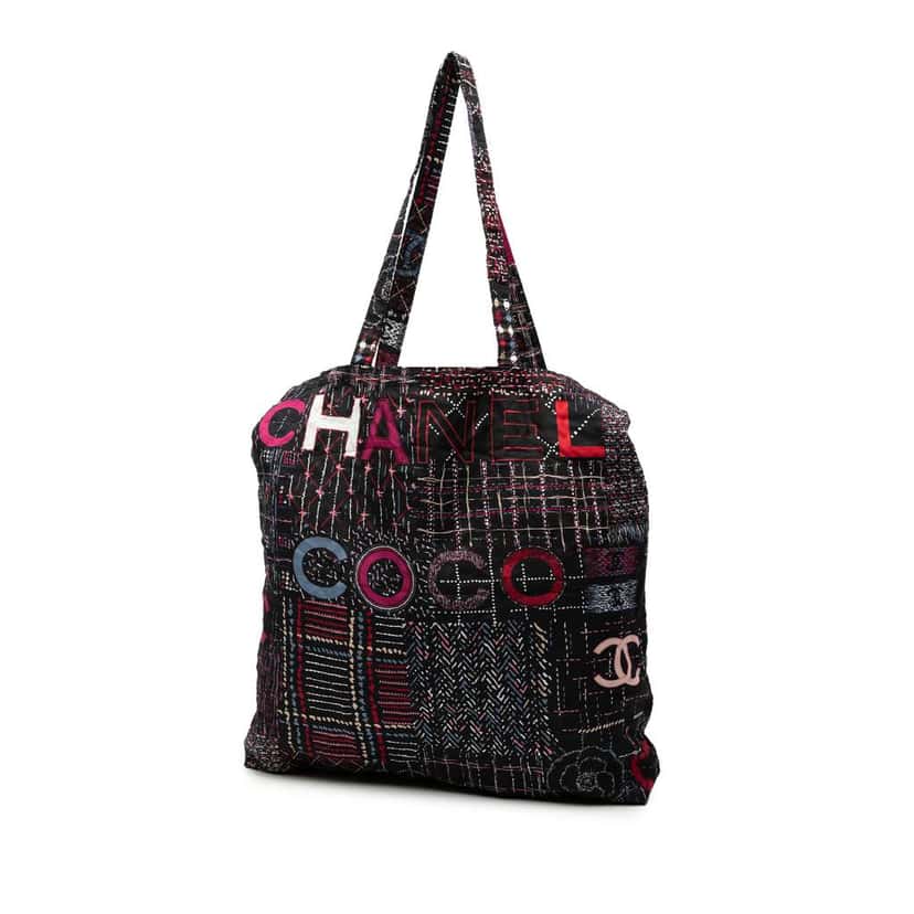 Chanel Nylon Graffiti Foldable Shopping Tote in Caviar Flap Black Leather Good condition - Back View
