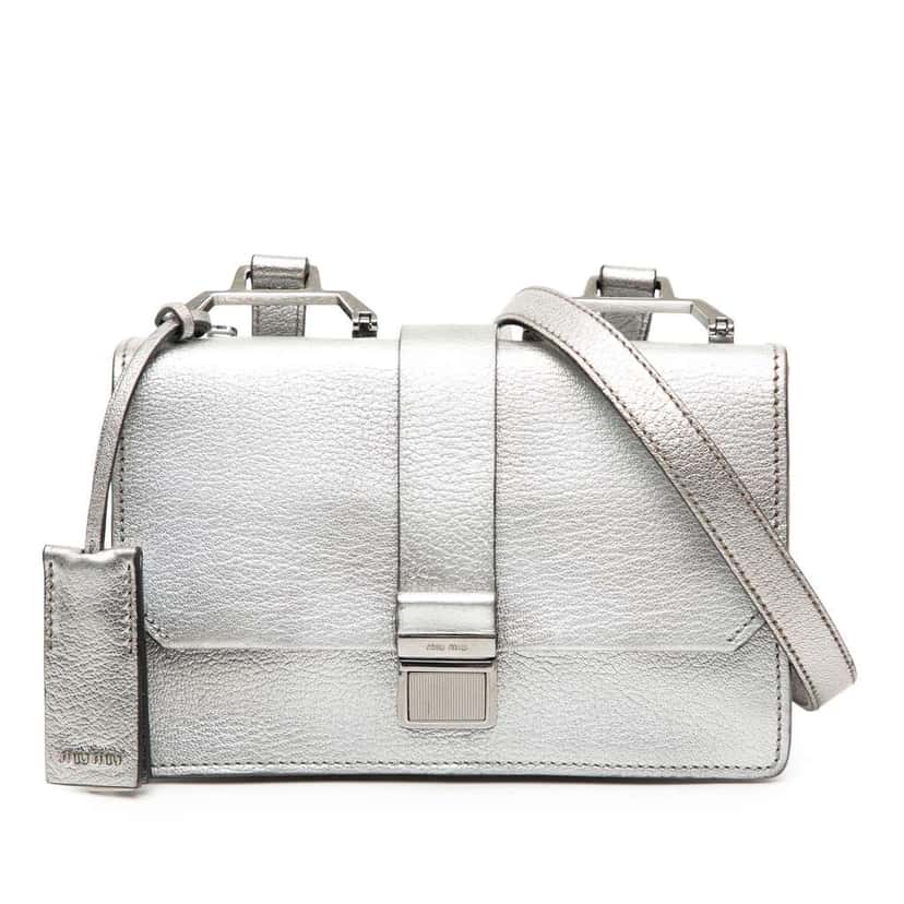 Miu Miu Metallic Goatskin Madras Crossbody Silver Leather Good condition - Front View
