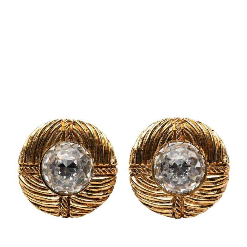 Chanel Gold Plated Rhinestone Round Clip On Earrings Gold Metal Very good condition - Front View