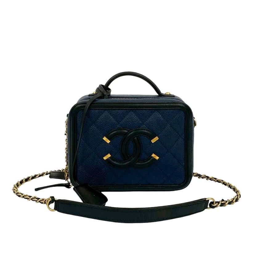 Chanel Small Bicolor Caviar CC Filigree Vanity Case Blue Leather Very good condition - Front View
